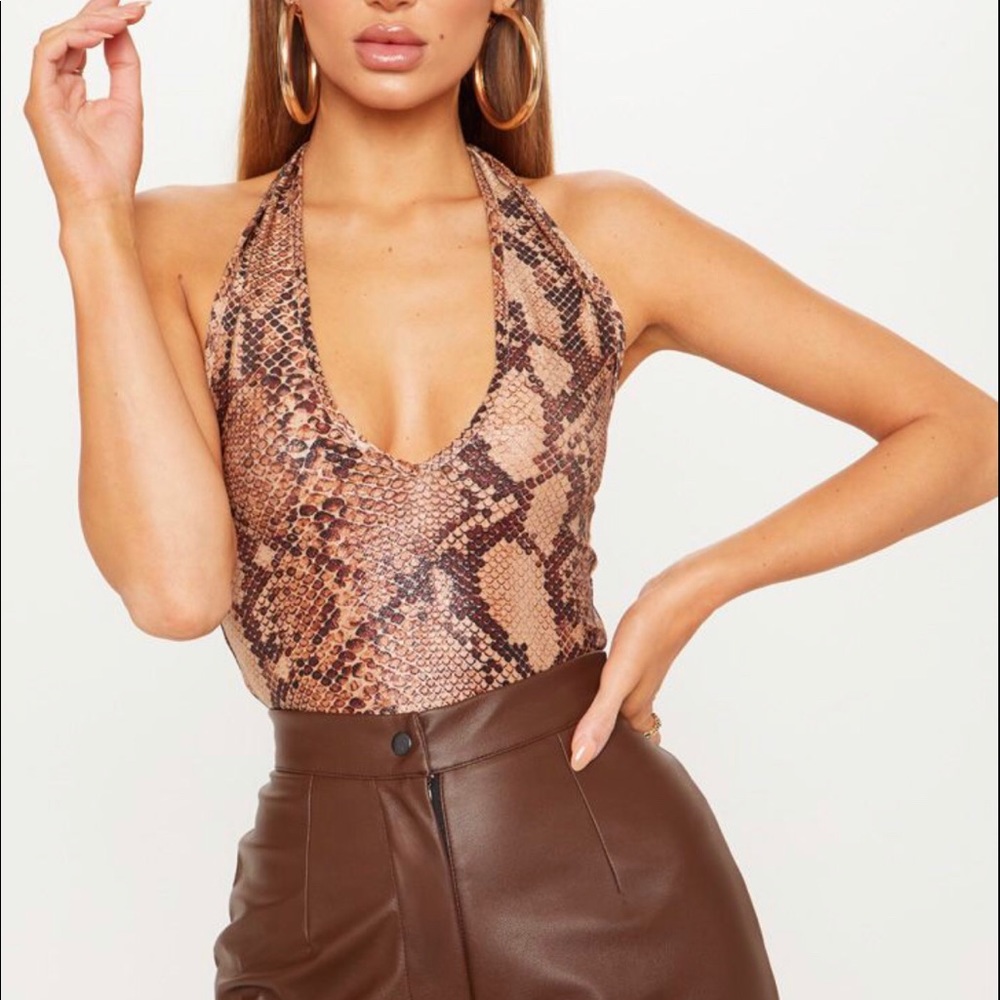 Tan Halterneck Snake Print Bodysuit